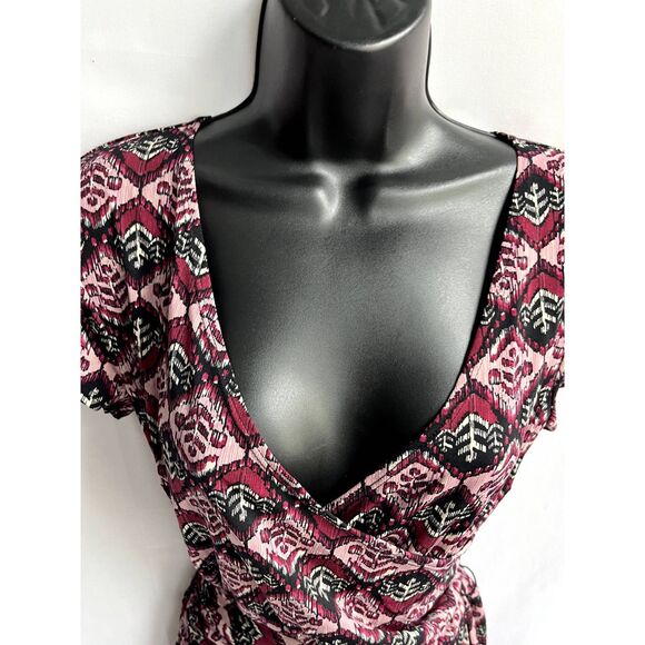 Axcess Faux Wrap Dress Pink Multi Mosaic Burgundy sz M Feminine Romantic Belted - Picture 2 of 10